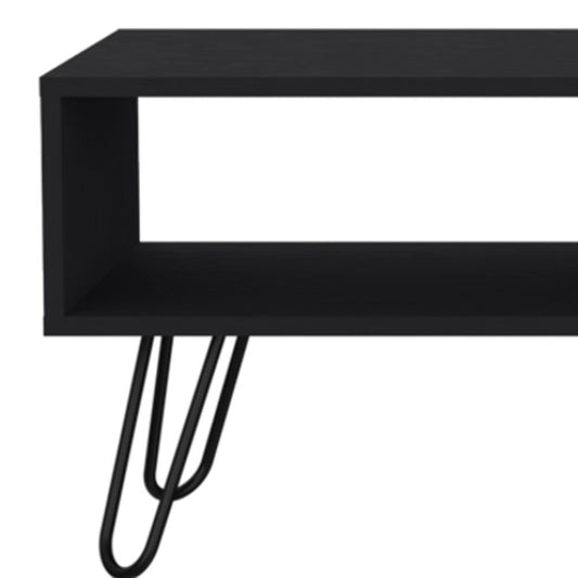41" Black and Oak Wood and Metal Coffee Table With Drawer And Shelf