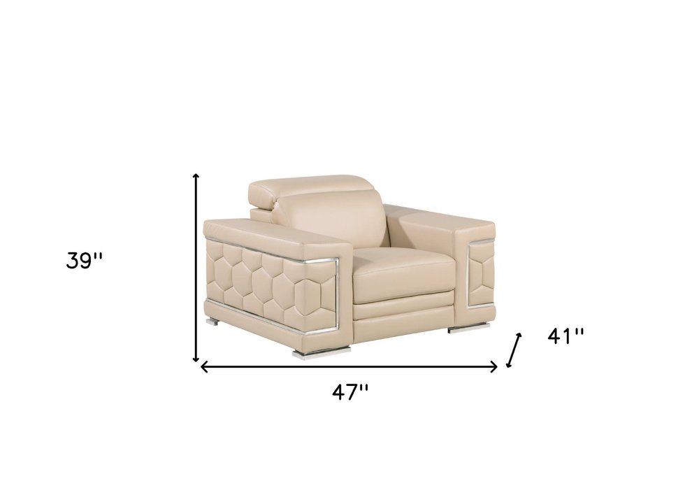 47" Beige and Silver Genuine Leather Club Chair