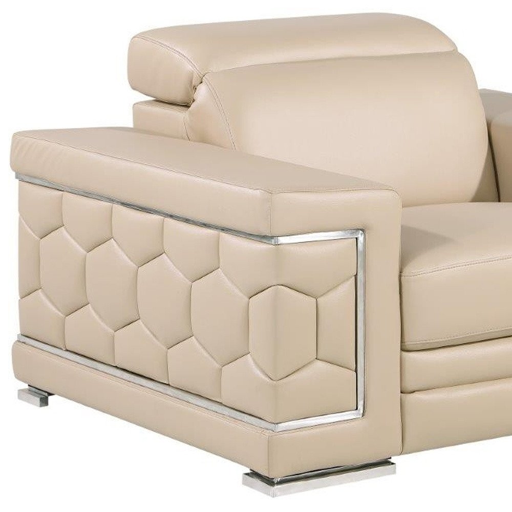 47" Beige and Silver Genuine Leather Club Chair