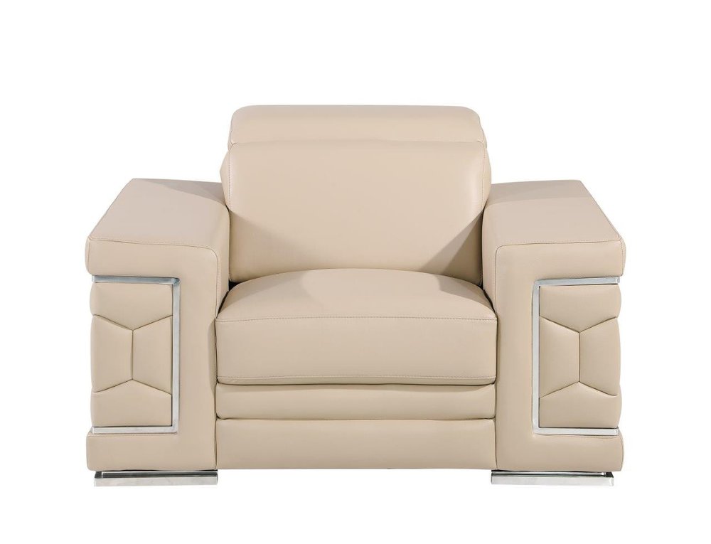 47" Beige and Silver Genuine Leather Club Chair