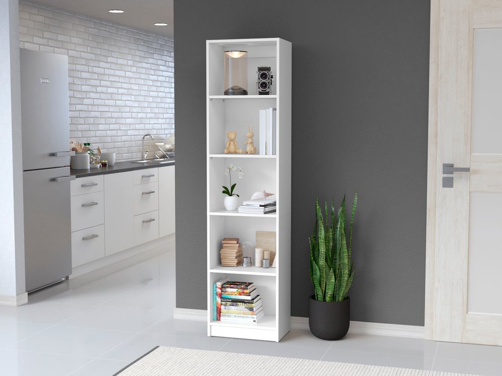 71" White Wood Five Tier Bookcase