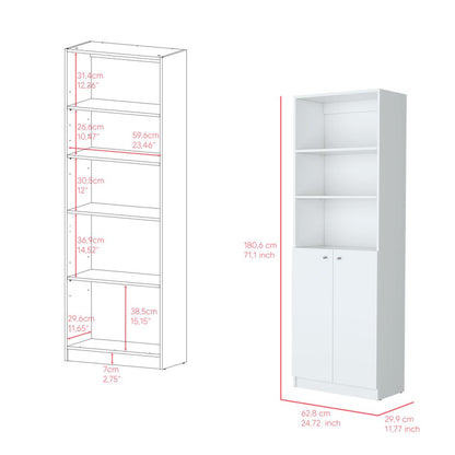 71" White Wood Three Tier Bookcase with Two Doors