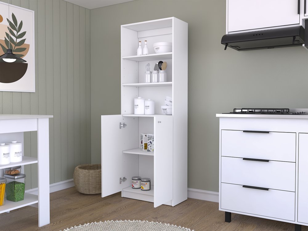 71" White Wood Three Tier Bookcase with Two Doors