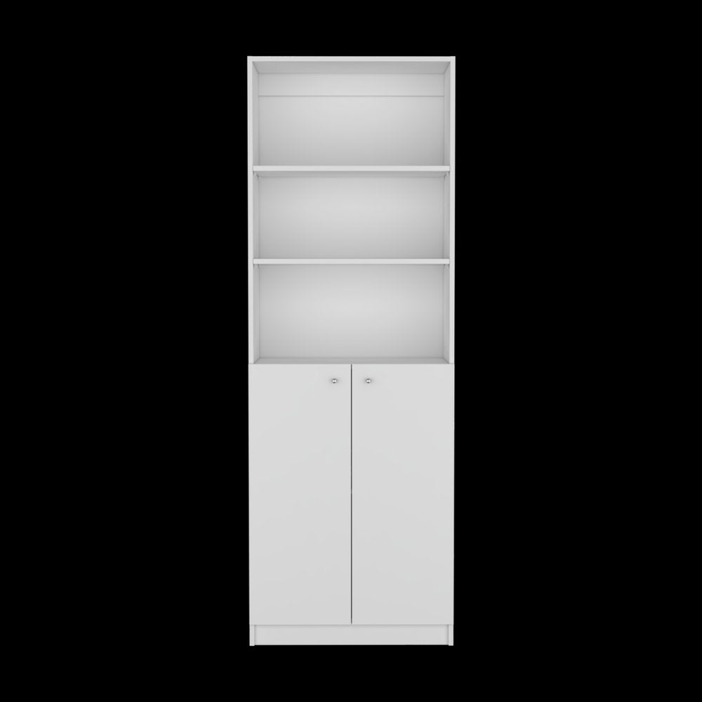 71" White Wood Three Tier Bookcase with Two Doors