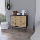 32" Natural and Black Three Drawer Dresser
