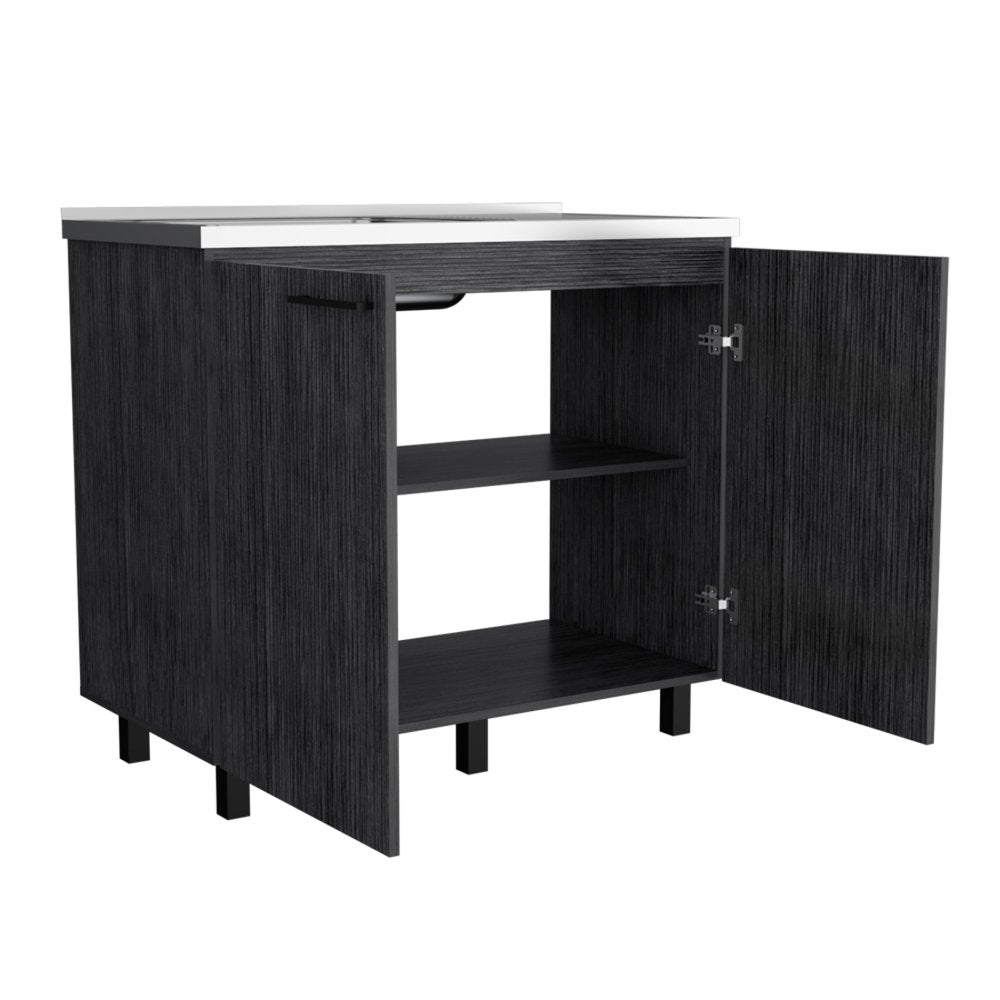 35" X 39" Dark Gray And Silver Stainless Steel and Wood Utility Cabinet With Sink