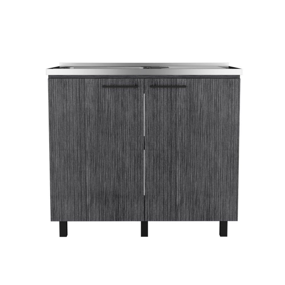 35" X 39" Dark Gray And Silver Stainless Steel and Wood Utility Cabinet With Sink