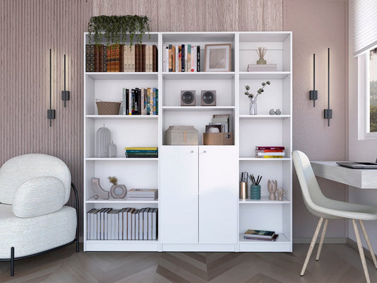 Set of Three White Wood Five Tier Modular Bookcase with Two Doors