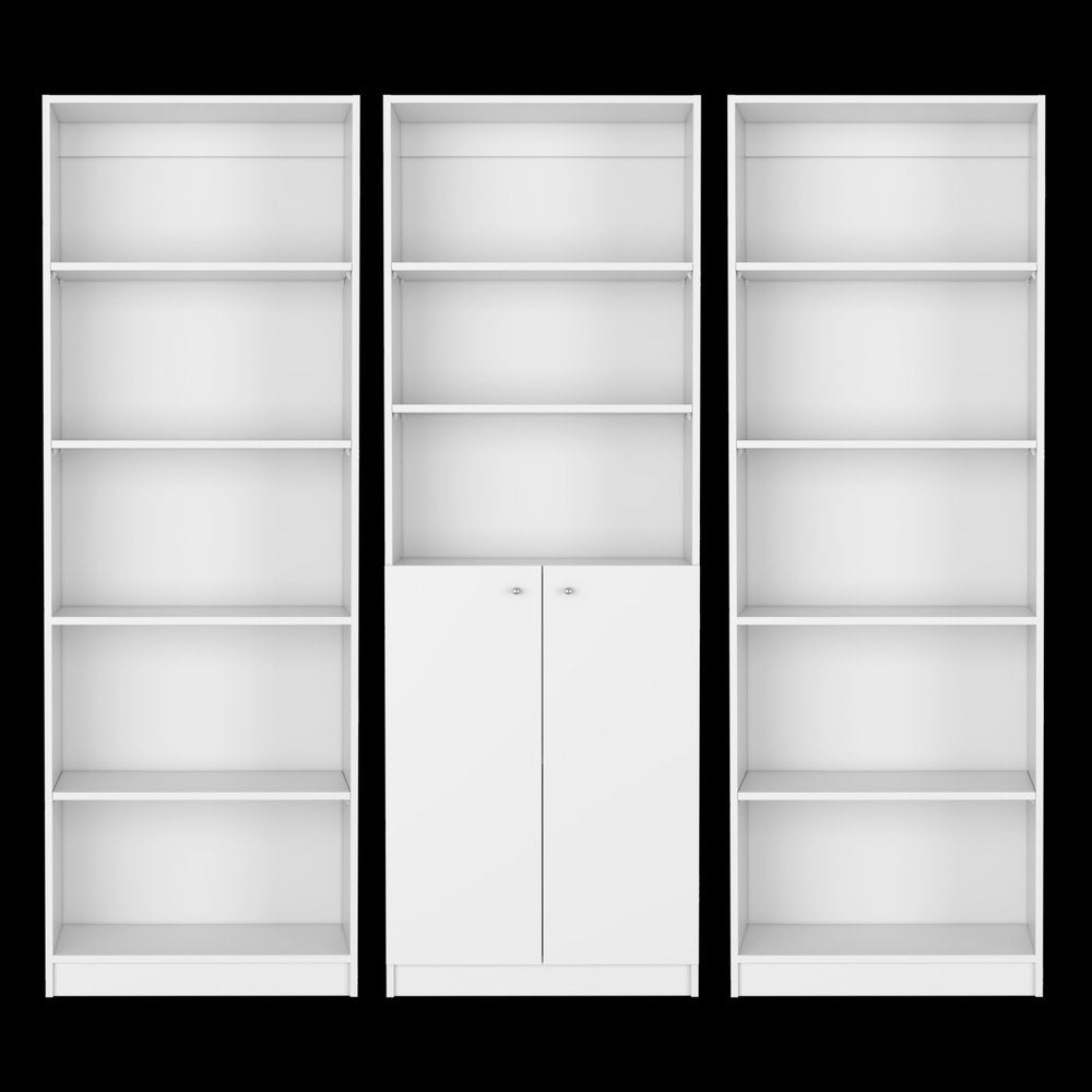 Set of Three White Wood Five Tier Modular Bookcase with Two Doors