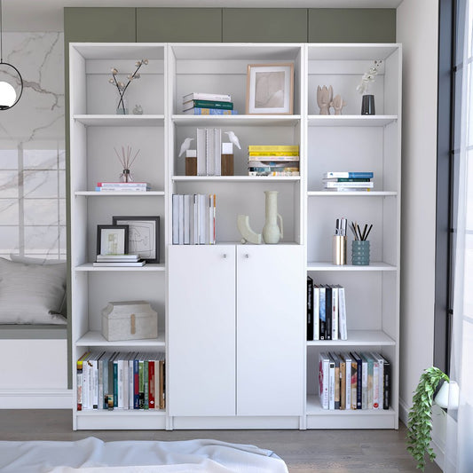Set of Three White Wood Five Tier Modular Bookcase with Two Doors