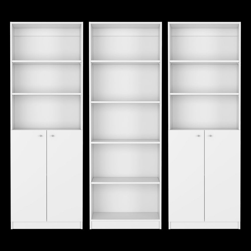 Set of Three White Wood Five Tier Modular Bookcase with Four Doors