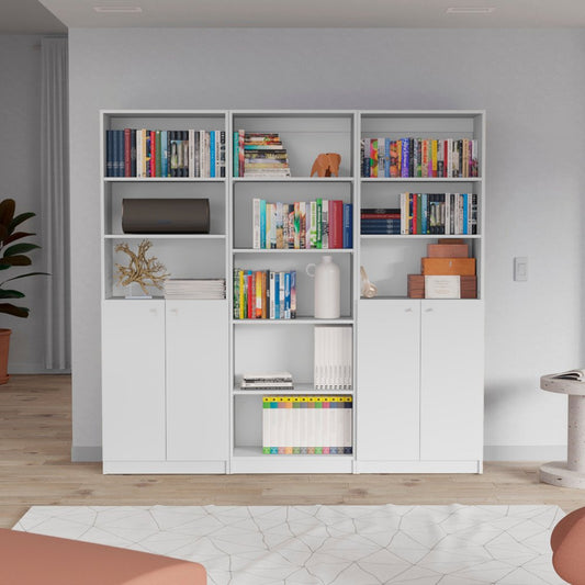 Set of Three White Wood Five Tier Modular Bookcase with Four Doors