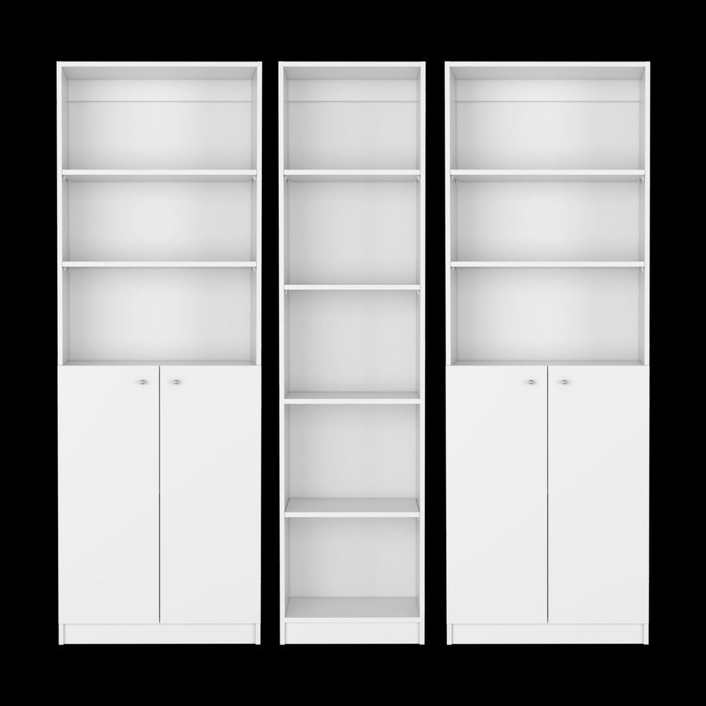 Set of Three White Wood Five Tier Modular Bookcase with Four Doors