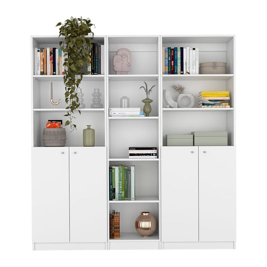 Set of Three White Wood Five Tier Modular Bookcase with Four Doors