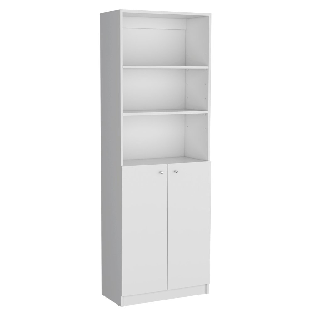 Set of Three White Wood Five Tier Modular Bookcase with Four Doors