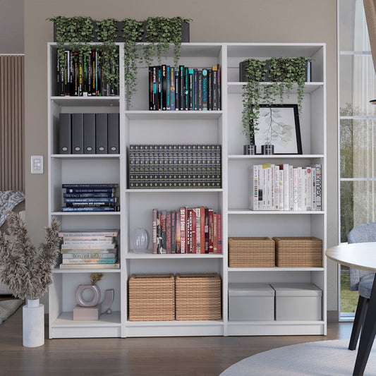 Set of Three White Wood Fourteen Tier Modular Bookcase