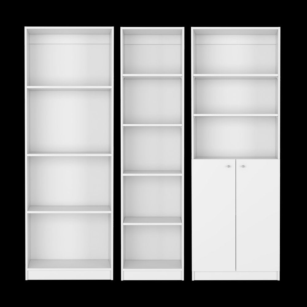 Set of Three White Wood Twelve Tier Modular Bookcase with Two Doors