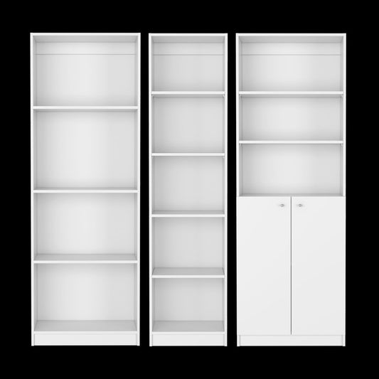 Set of Three White Wood Twelve Tier Modular Bookcase with Two Doors