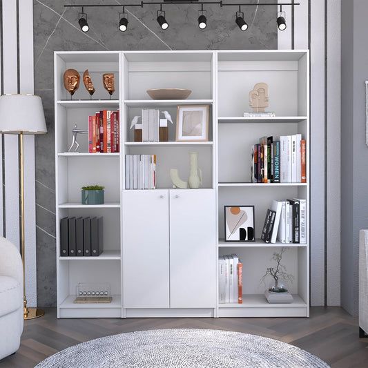 Set of Three White Wood Twelve Tier Modular Bookcase with Two Doors