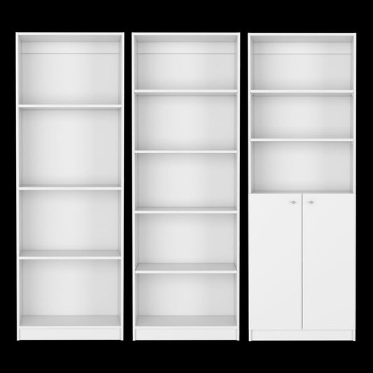 Set of Three White Wood Twelve Tier Modular Bookcase with Two Doors
