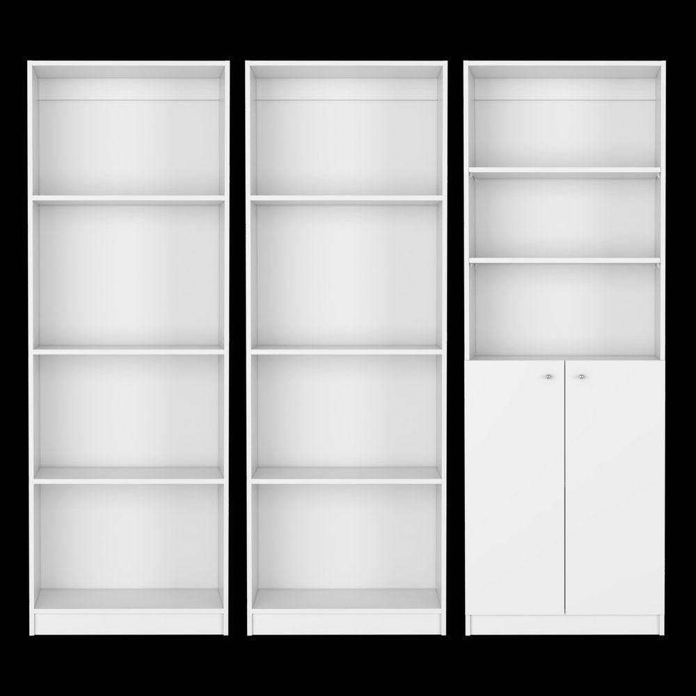 Set of Three White Wood Eleven Tier Modular Bookcase with Two Doors