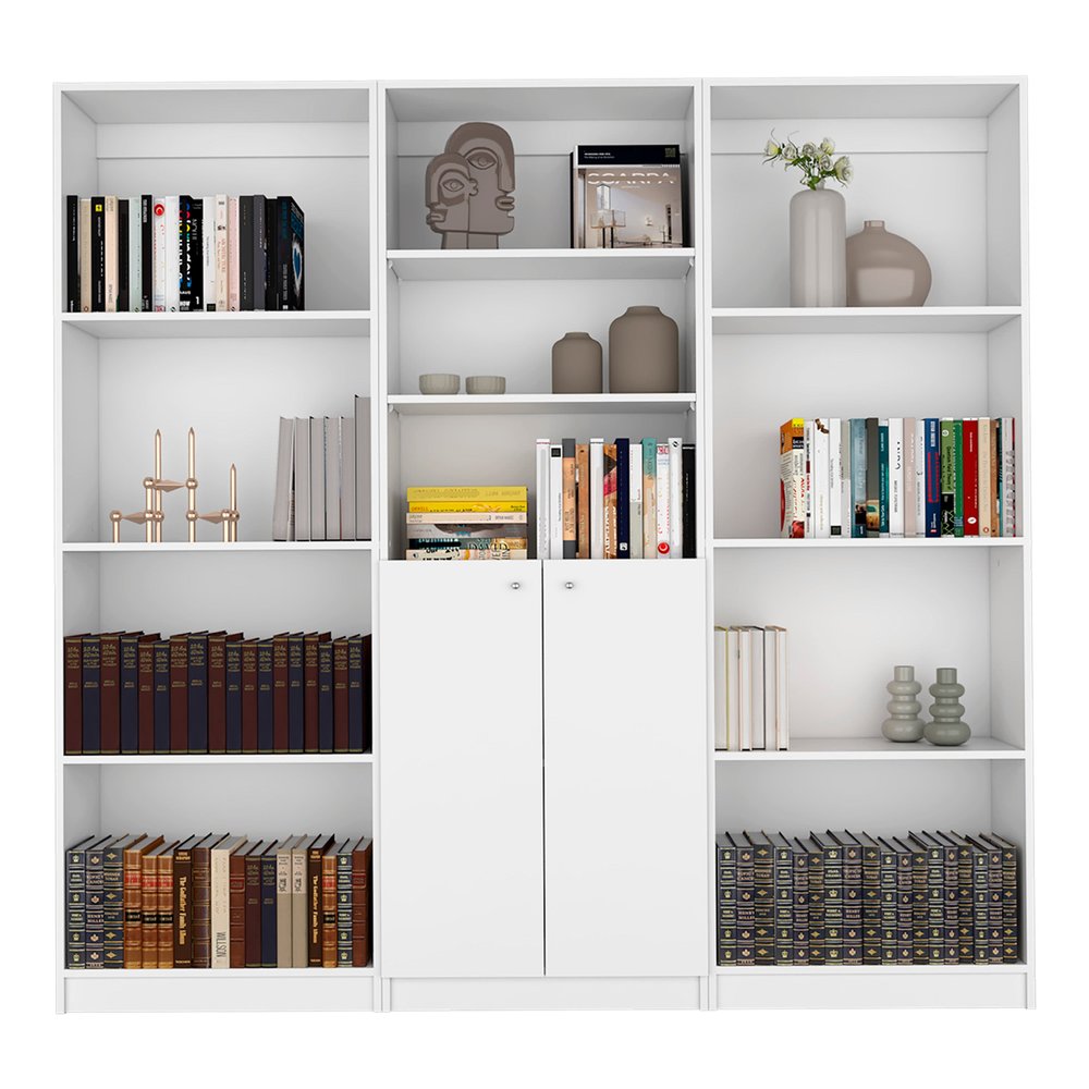 Set of Three White Wood Eleven Tier Modular Bookcase with Two Doors