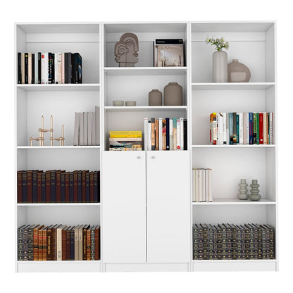 Set of Three White Wood Eleven Tier Modular Bookcase with Two Doors