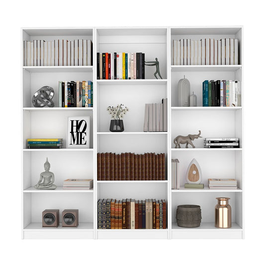 Set of Three White Wood Fourteen Tier Modular Bookcase
