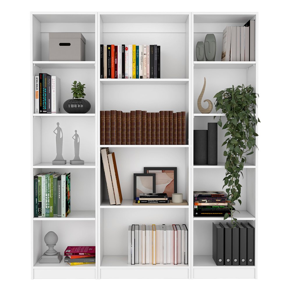 Set of Three White Wood Fourteen Tier Modular Bookcase