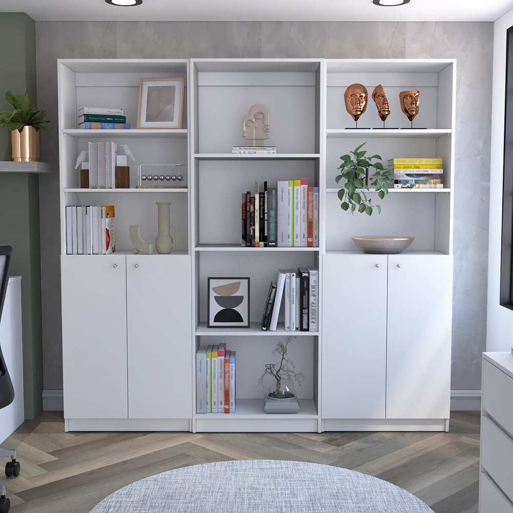 Set of Three White Wood Ten Tier Modular Bookcase with Four Doors