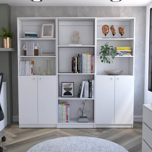 Set of Three White Wood Ten Tier Modular Bookcase with Four Doors