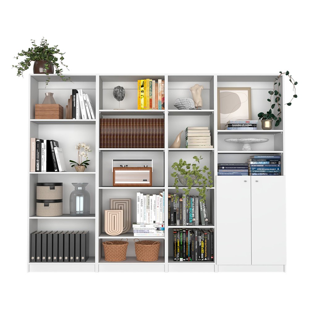 Set of Four White Wood Seventeen Tier Modular Bookcase with Two Doors