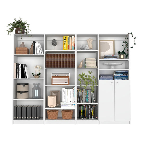 Set of Four White Wood Seventeen Tier Modular Bookcase with Two Doors