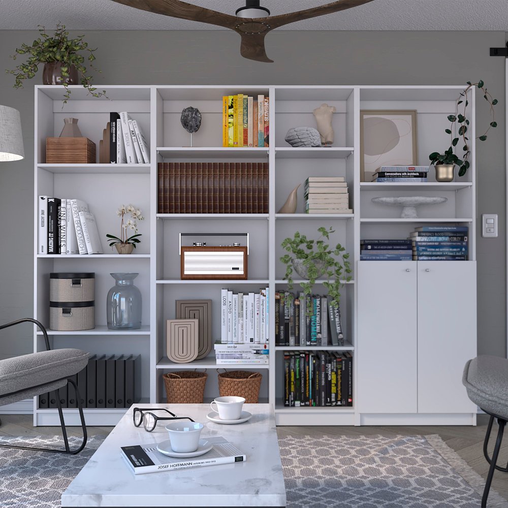 Set of Four White Wood Seventeen Tier Modular Bookcase with Two Doors