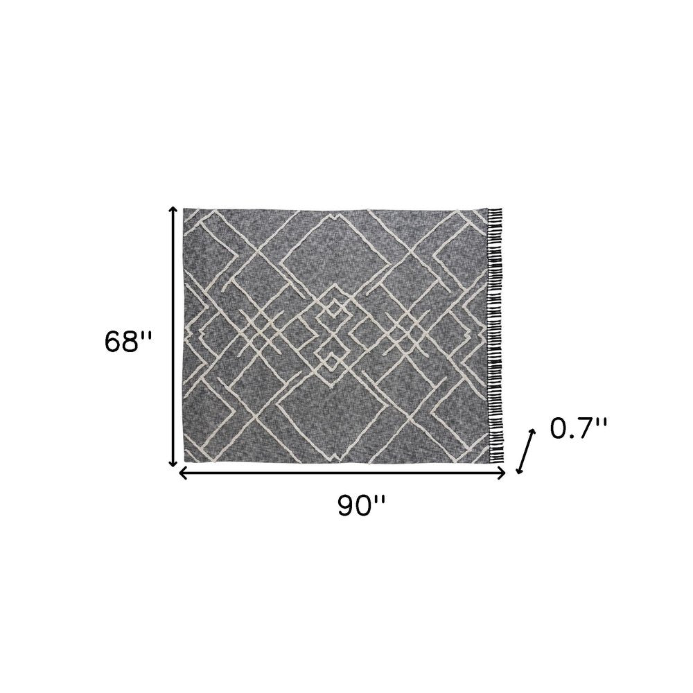 Charcoal and Off White Geometric Twin Cotton Coverlet With Fringe