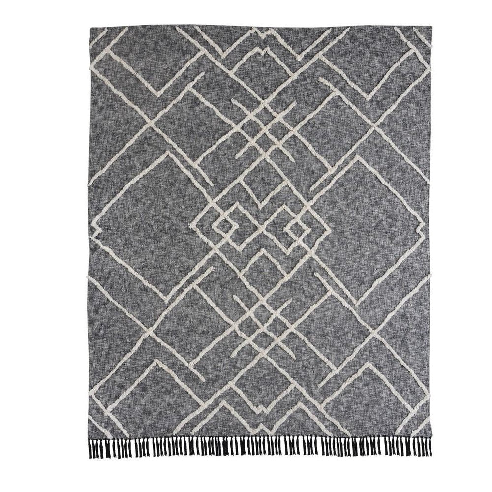 Charcoal and Off White Geometric King Cotton Coverlet With Fringe