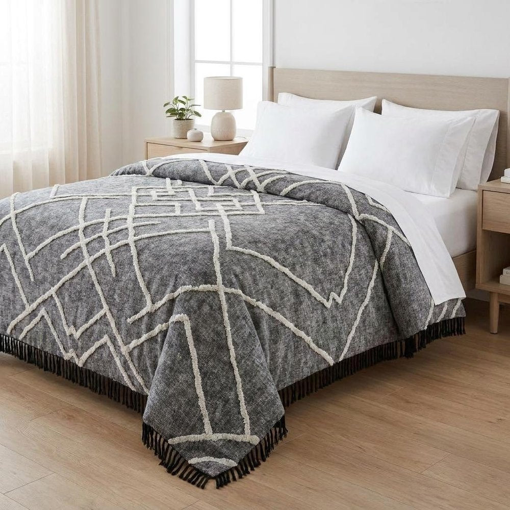 Charcoal and Off White Geometric Queen Cotton Coverlet With Fringe