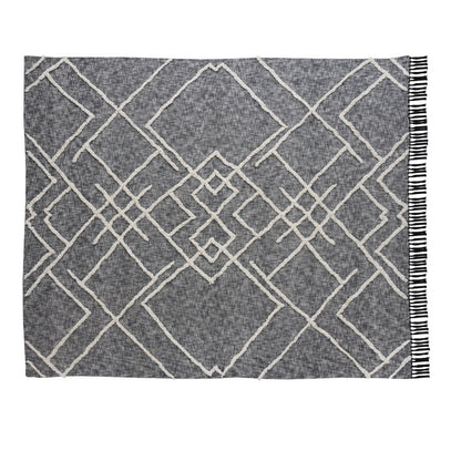 Charcoal and Off White Geometric Twin Cotton Coverlet With Fringe