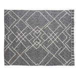 Charcoal and Off White Geometric Twin Cotton Coverlet With Fringe
