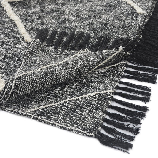 Charcoal and Off White Geometric King Cotton Coverlet With Fringe