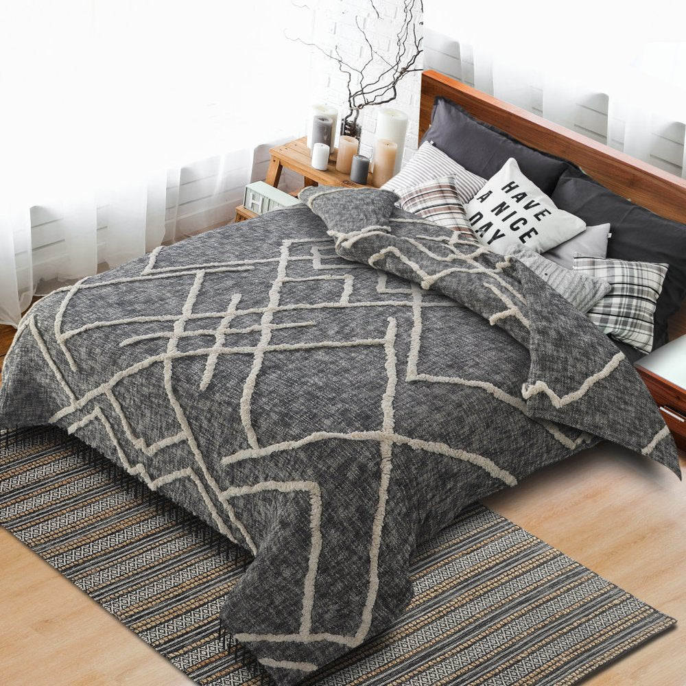 Charcoal and Off White Geometric Twin Cotton Coverlet With Fringe