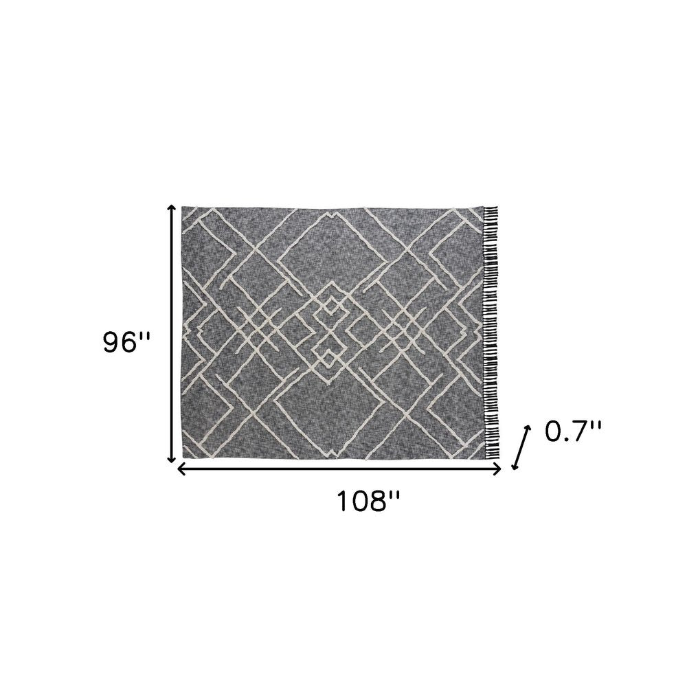 Charcoal and Off White Geometric Twin Cotton Coverlet With Fringe
