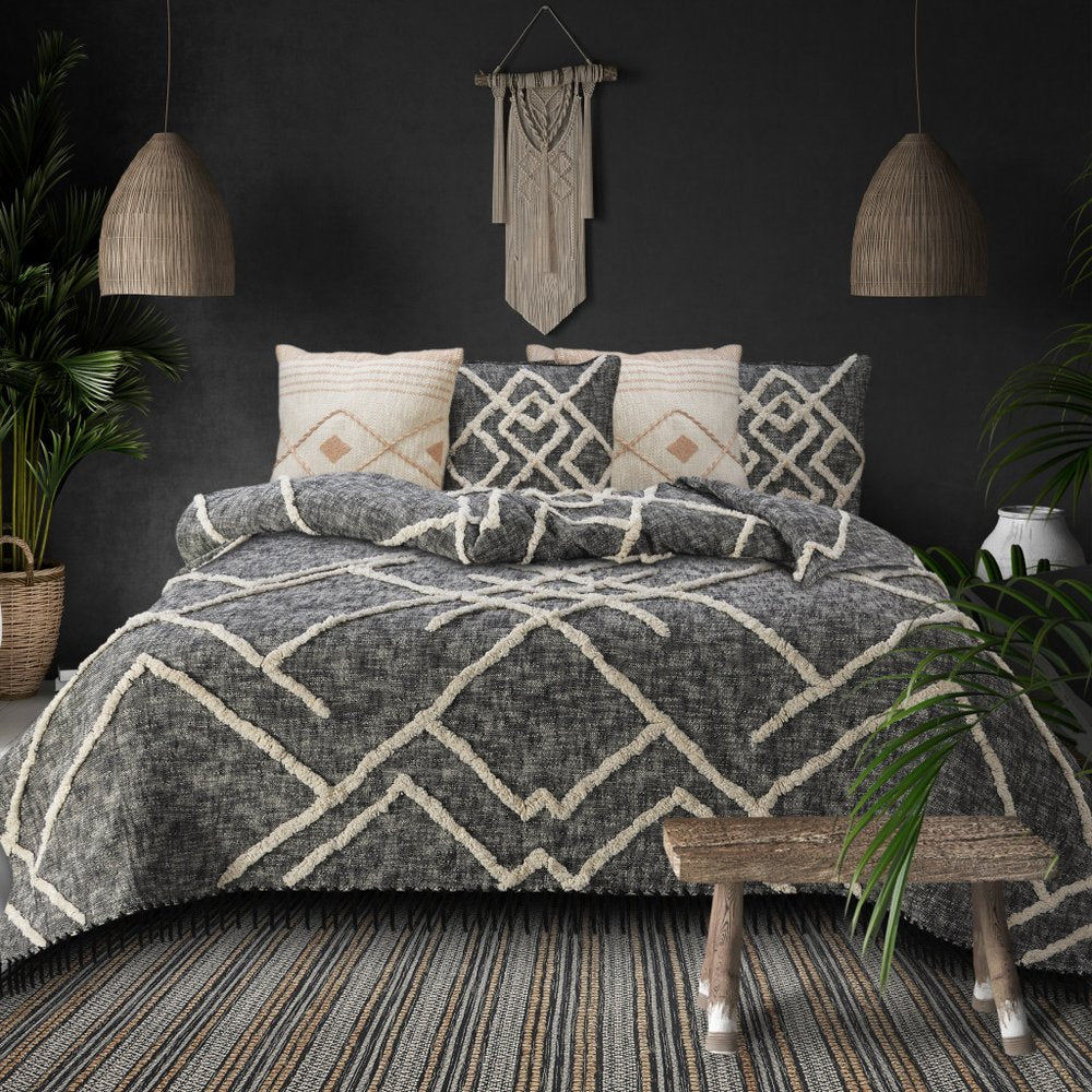 Charcoal and Off White Geometric Twin Cotton Coverlet With Fringe