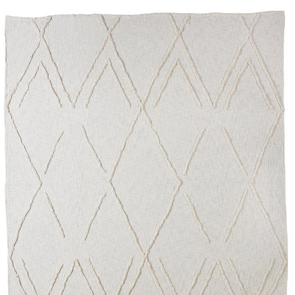Ivory Geometric Twin Cotton Coverlet With Fringe