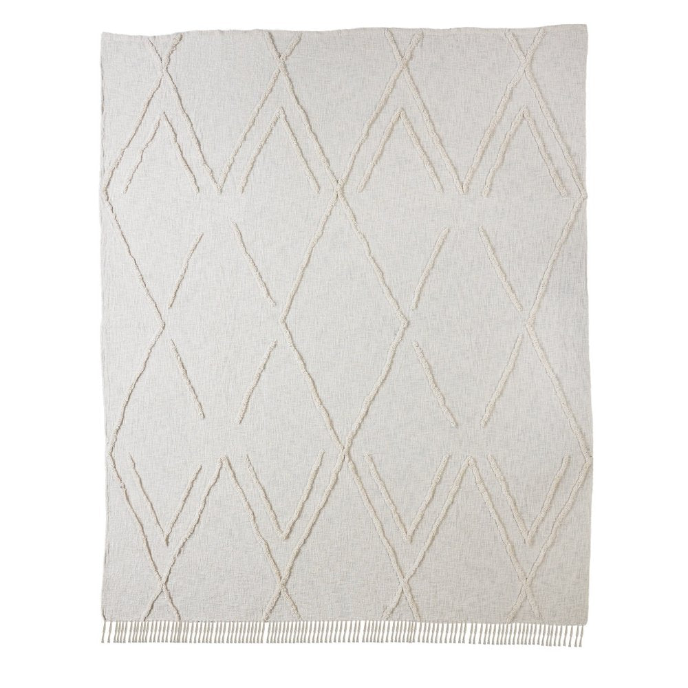 Ivory Geometric Twin Cotton Coverlet With Fringe