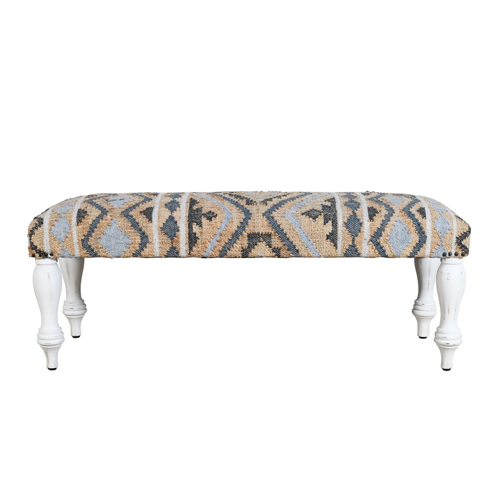 47" Beige Blue and White Geometric Cotton Blend Upholstered Bench