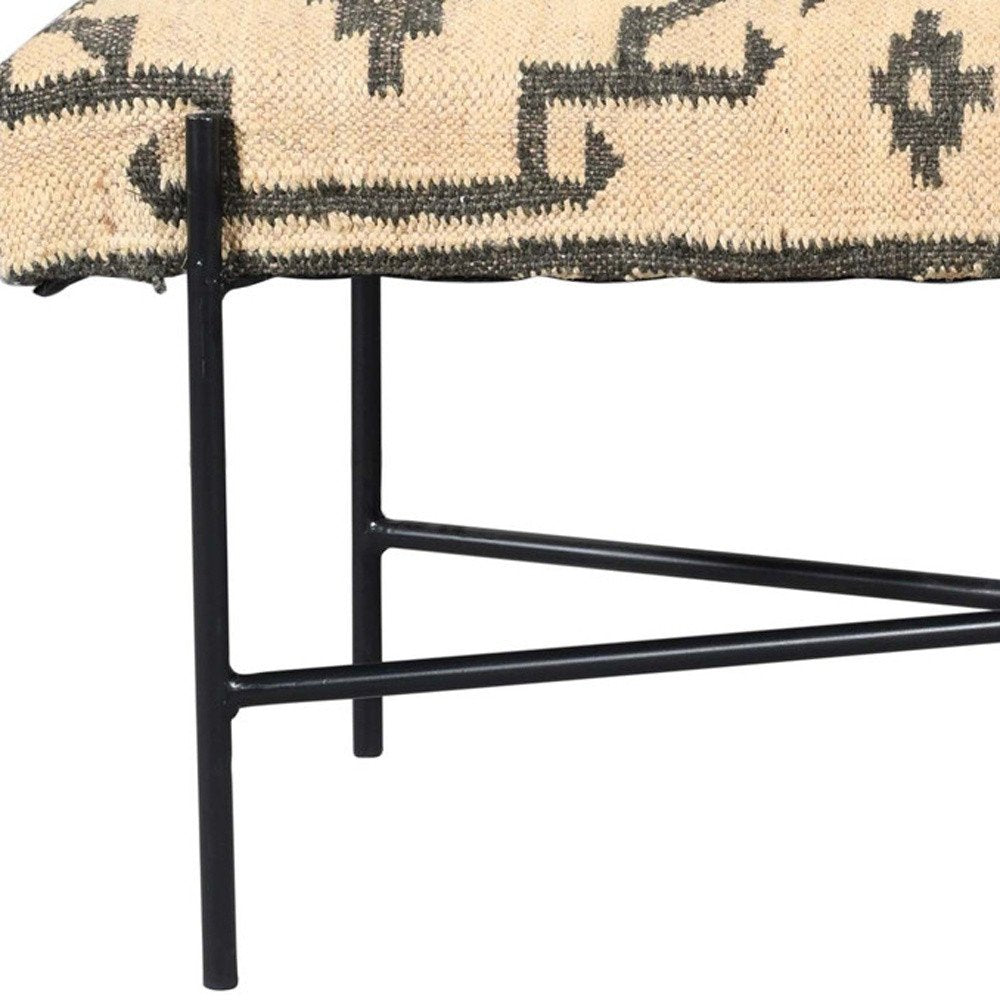 48" Cream and Black Cotton Blend Upholstered Southwest Bench