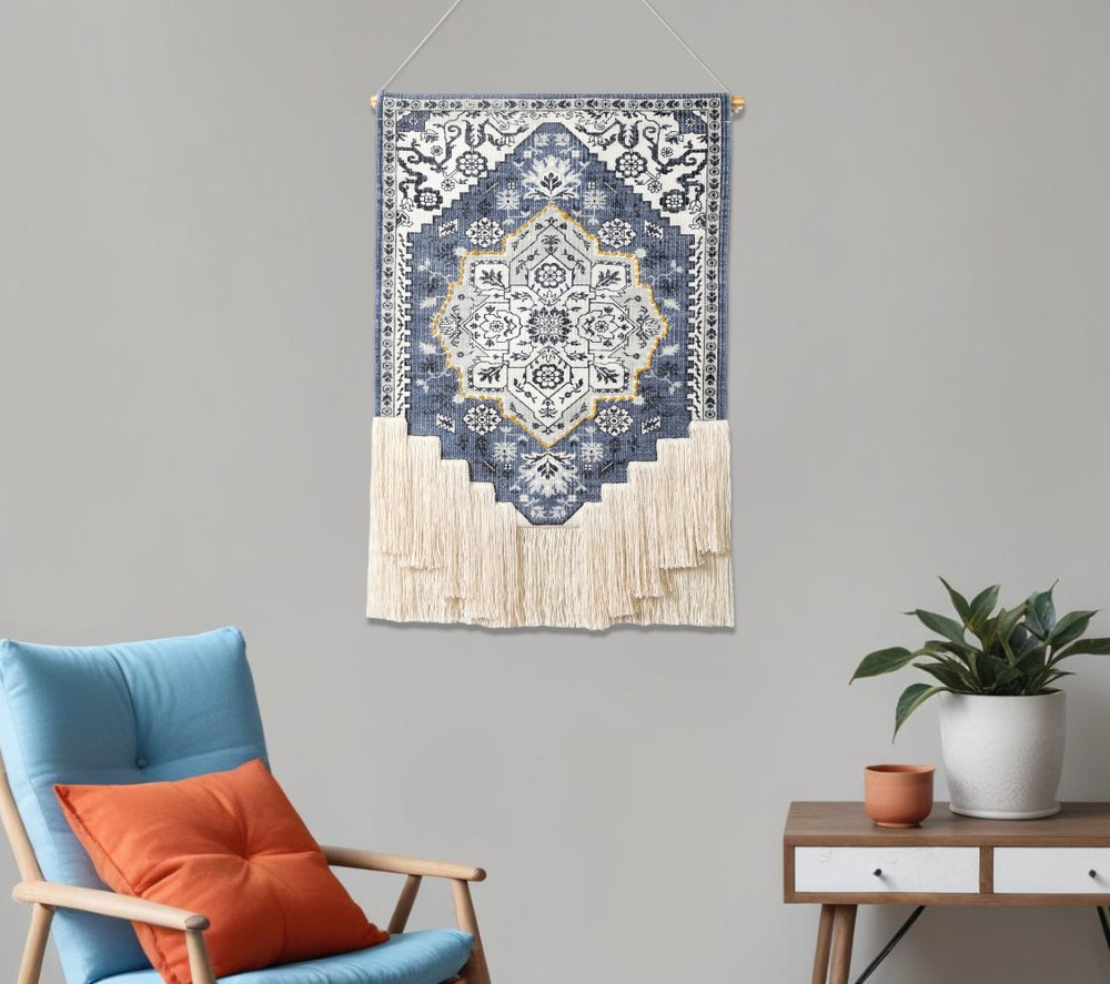 26" X 49" Blue And White Flower Floral Cotton Macrame Hanging Tapestry