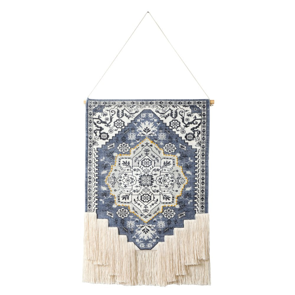26" X 49" Blue And White Flower Floral Cotton Macrame Hanging Tapestry