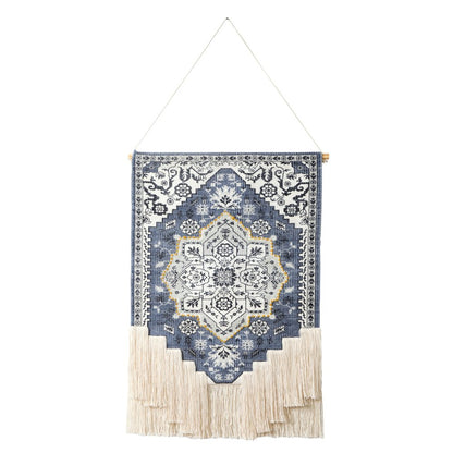 26" X 49" Blue And White Flower Floral Cotton Macrame Hanging Tapestry